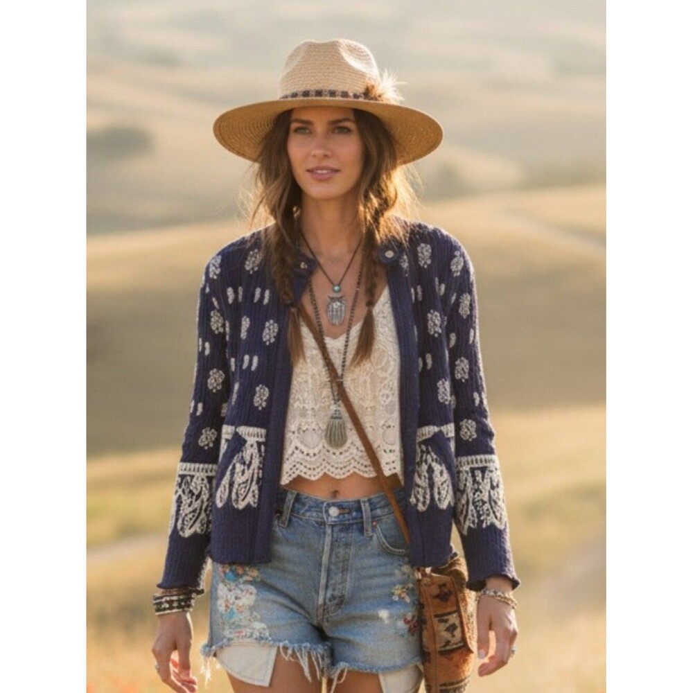 Free People Bali Mabel Printed Zip Bomber Moto Quilted Jacket Boho Chic Navy S